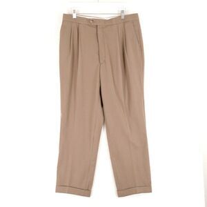 Greg Peters Wool Dress Pants 34/28 NO BELT LOOPS Beige Pleated High Rise Cuffed‎